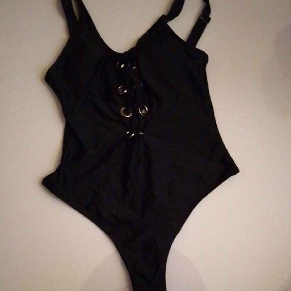 Black lace up One Piece Swimsuit with padding